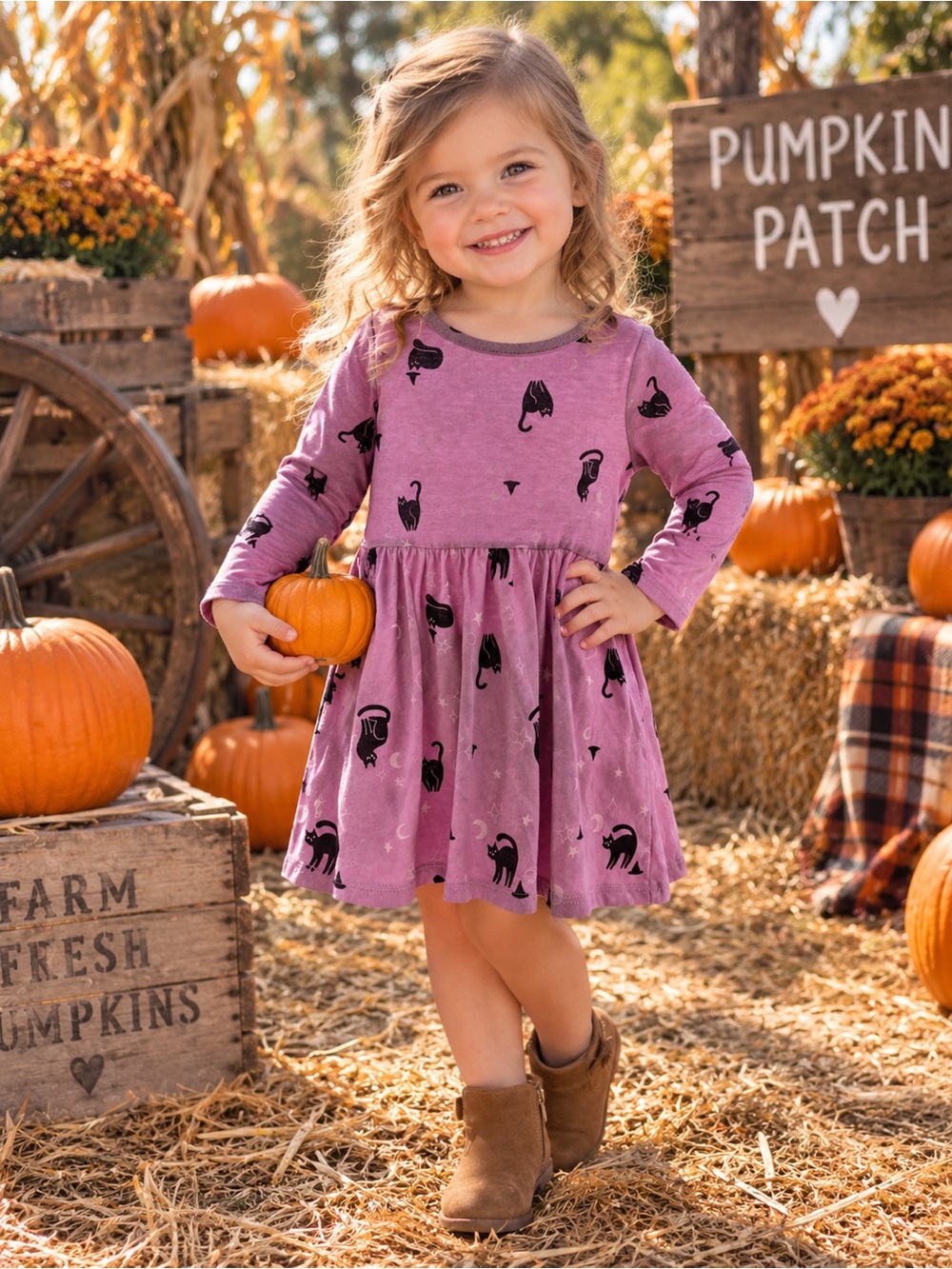 Cat & Jack Mauve Long-Sleeve Cat Print Dress